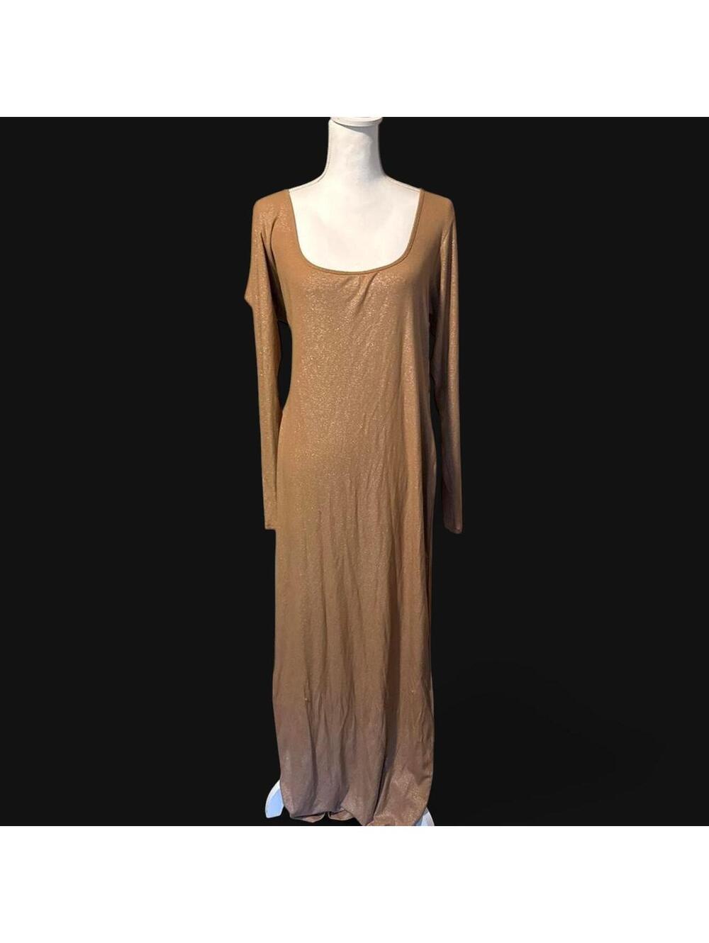 SKIMS Soft Lounge Shimmer Long Sleeve Maxi Dress 3X Gold Ribbed Scoop Neck NWT
